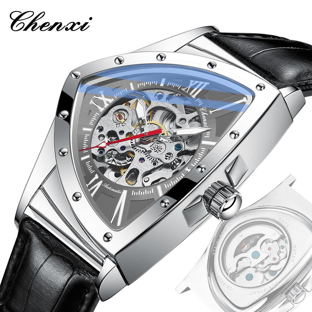 CHENXI Men's Triangle Skeleton Mechanical Watch Unique Design Water Resistant Luminous Stainless Steel/Black Leather Strap Business Watches