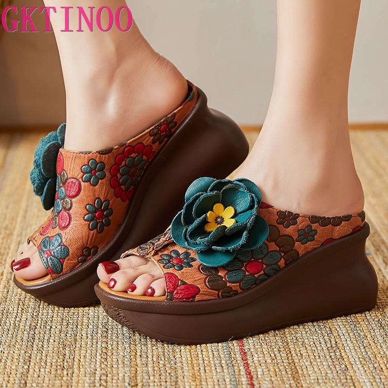 Fashion GKTINOO 2025 Retro Slippers Genuine Leather Shoes Handmade Slides Flip Flop On The Platform Clogs For Women Flower Woman Slipper
