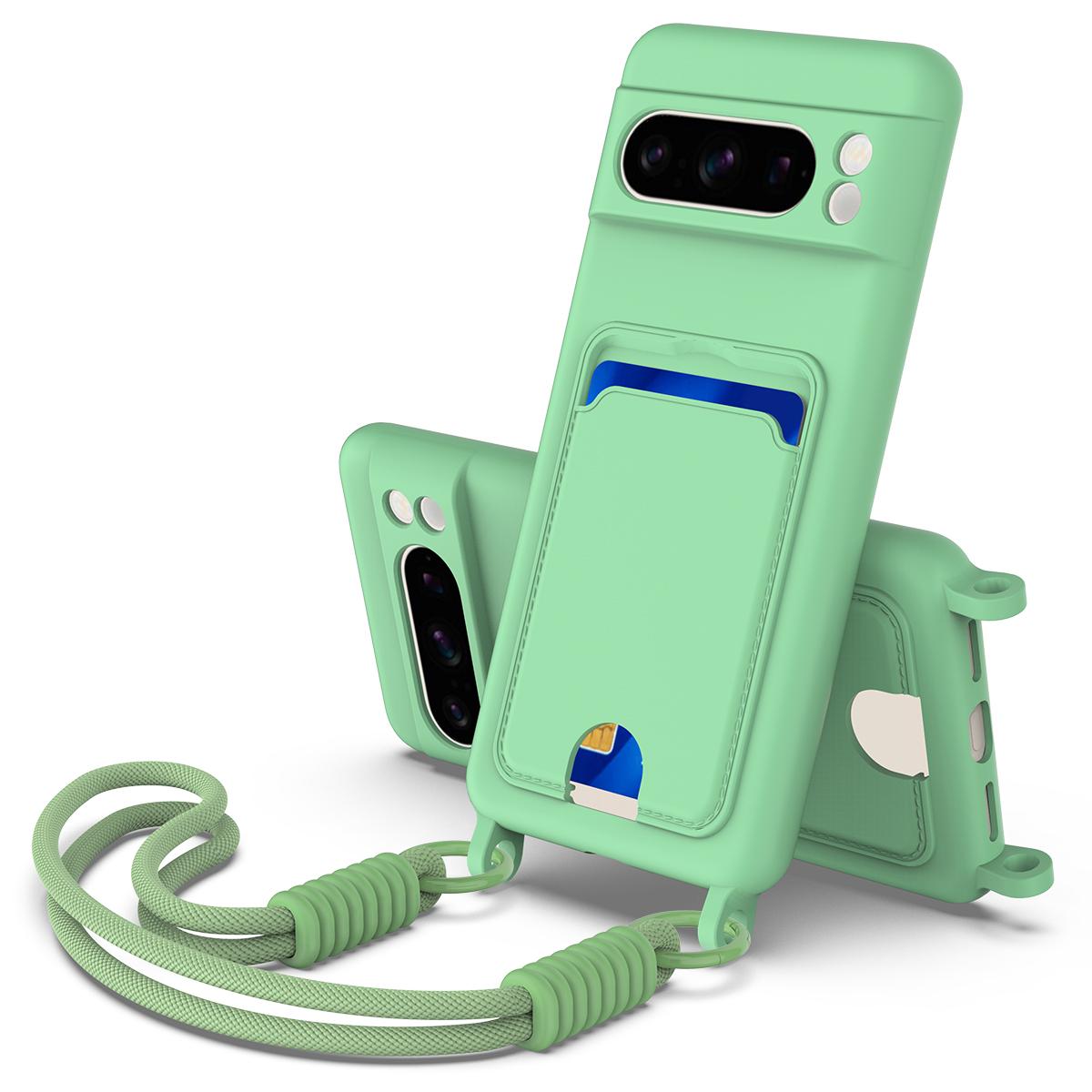 

For Google Pixel 8 Pro Liquid Silicone Case Phone Back Cover with Card Holder and Short Strap D