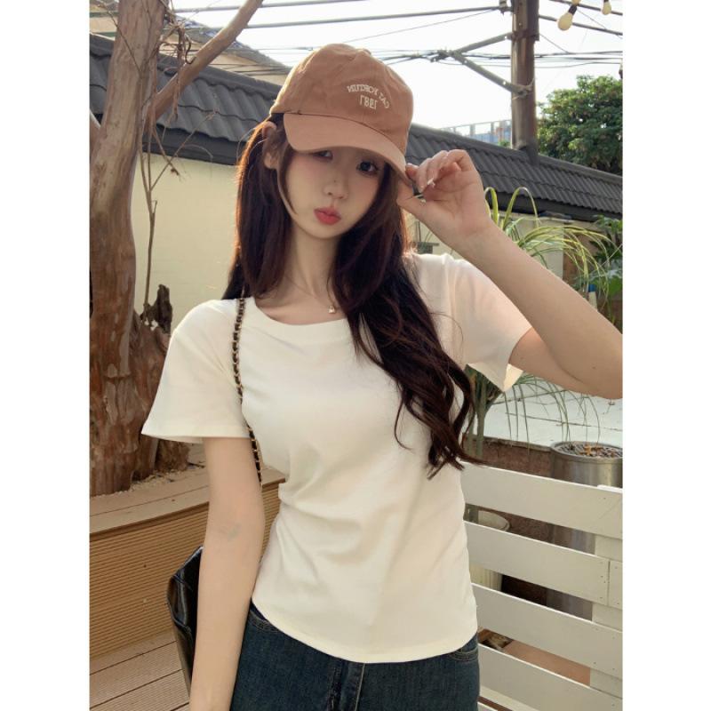 High Quality T-Shirt Women s Short Sleeve Summer Crew Neck Basic Versatile Front Shoulder Sweet Top S