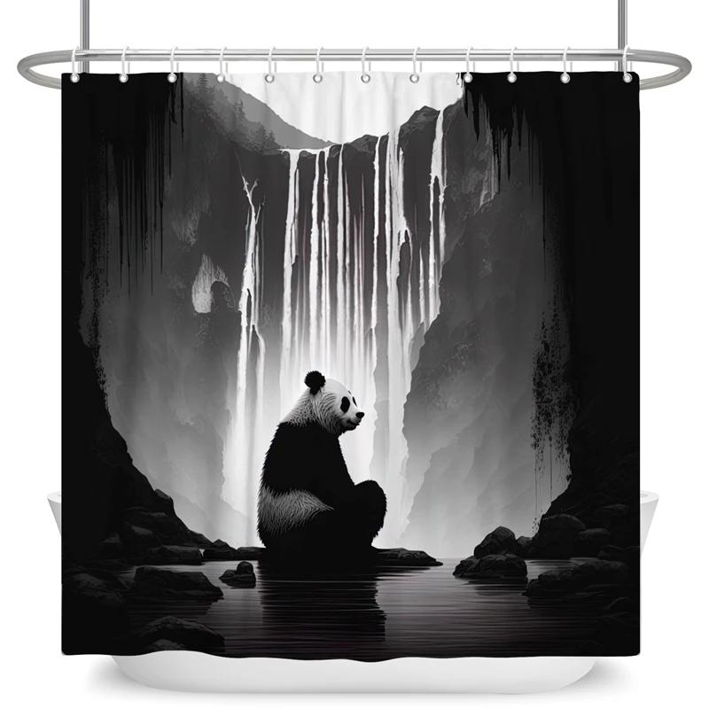 Funny Panda Shower Curtain Cute Pattern Waterproof Polyester Shower Curtain Baby Room Decor Bathtub Curtain Textured With Hooks