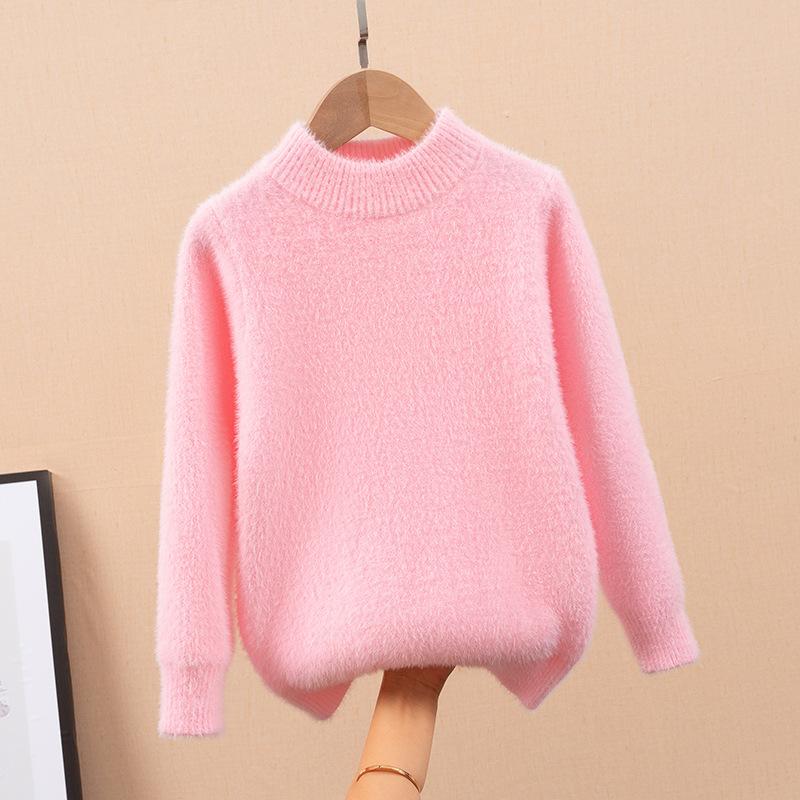 

Детская норковая шуба, зимний повседневный вязаный топ для девочек с круглым вырезом и меховым свитером 110 розовый