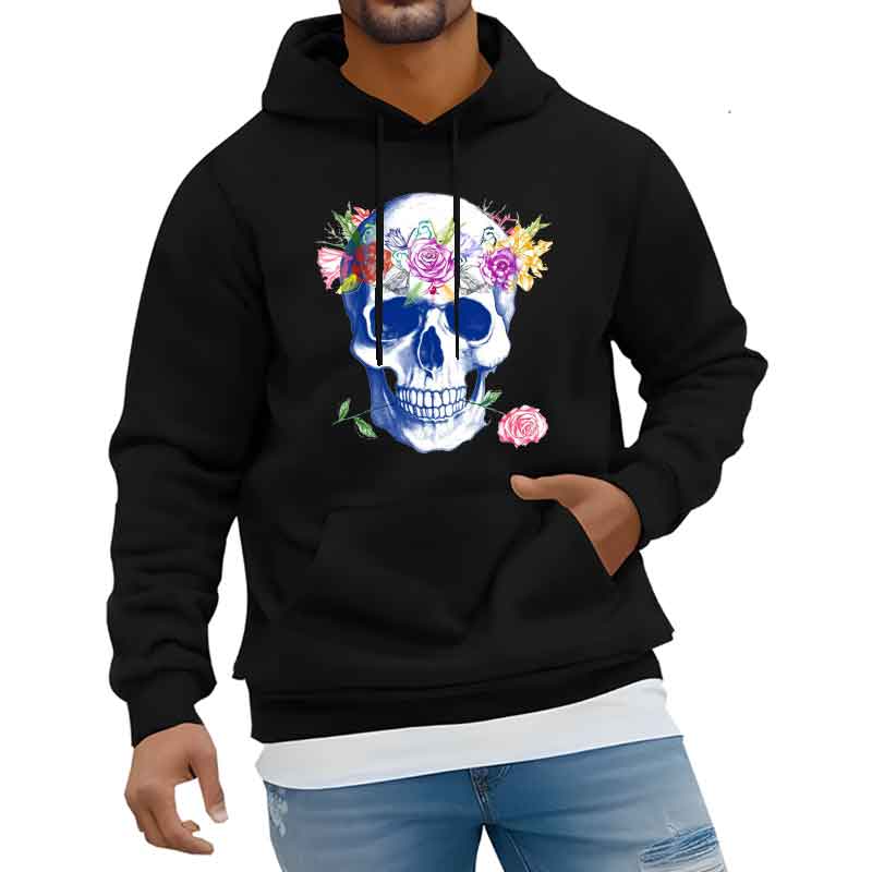 Men Women Same Style Autumn Hoodies Print Skull Flower Daily Pullover Warm Hoodie Fashion Pocket Sweatshirts Casual Sweatshirt