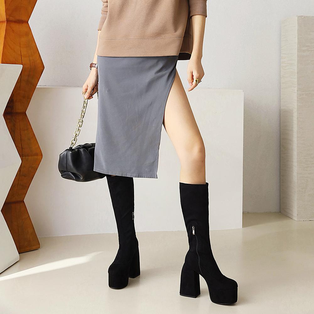 New Super High Thick Heel Leopard Print Short Plush Lining Women's Knee-Length Boots High Waterproof Platform Flock Zipper Boots