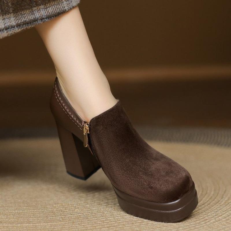 Retro Deep Mouth Bench Round Toe Thick High Heels Women Platform Soles Not Tired Feet Small Single Shoes