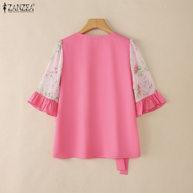 ZANZEA Women Casual V-Neck Loose Splice Half Sleeve Blouse