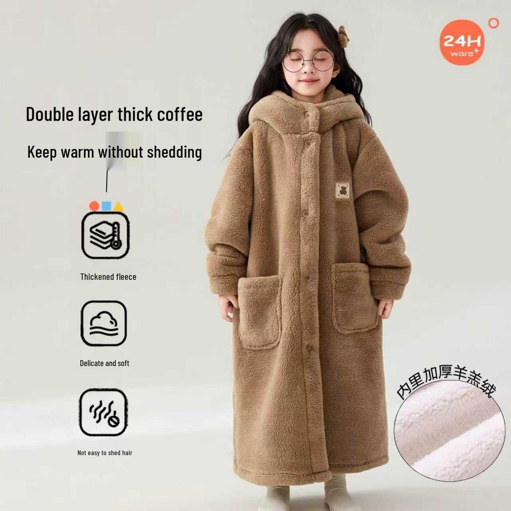 Kids' Winter Coral Fleece Bathrobe - Double-Layer Warm Pajamas for Boys or Girls
