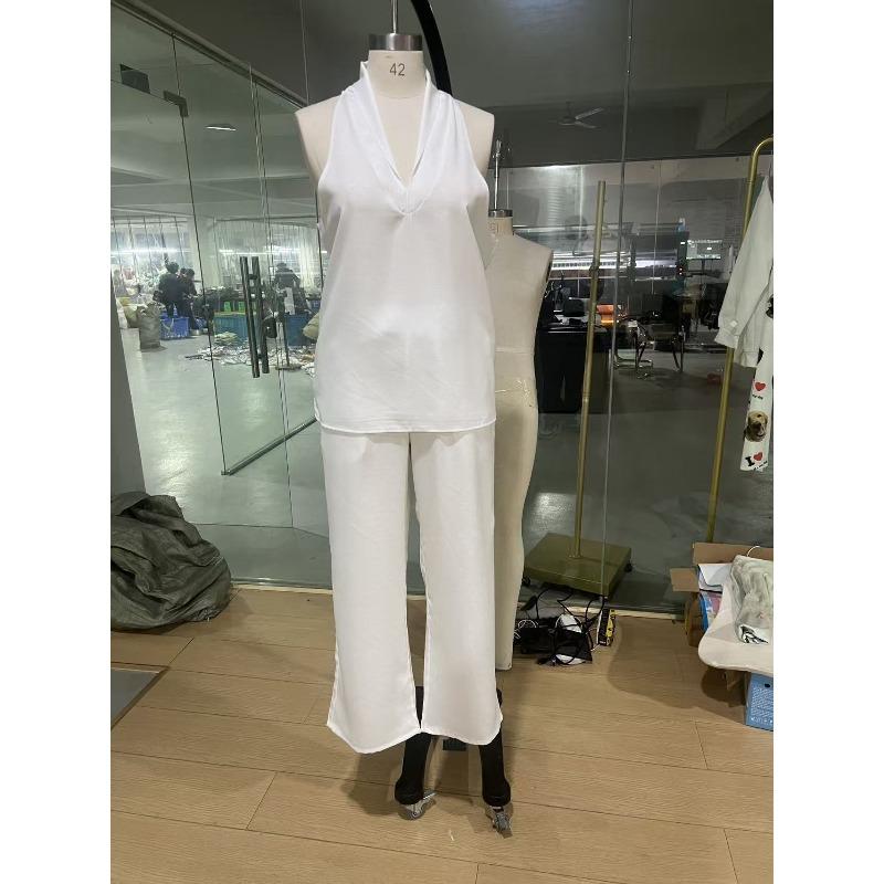 Completo Due Pezzi Estivo da Donna Senza Maniche con Spalle Cadenti Ampio, Pantaloni a Gamba Larga Casual, Outfit alla Moda