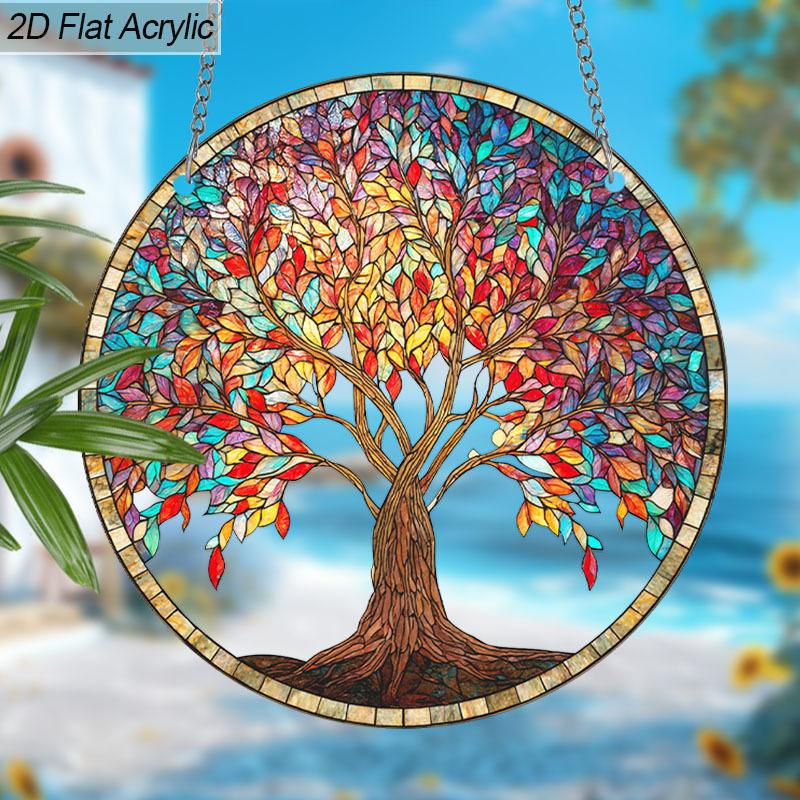 Acrylic Multicolor Tree of Life Suncatcher, Stained Glass Effect Window Hanging Ornament for Nature & Tree Lover Gifts