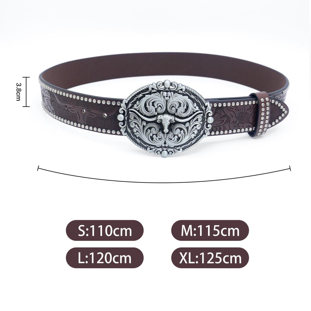 Western Denim Belt Carved Bull Head Vintage Edge Beads Men'S Punk Hip Hop Pu Leather