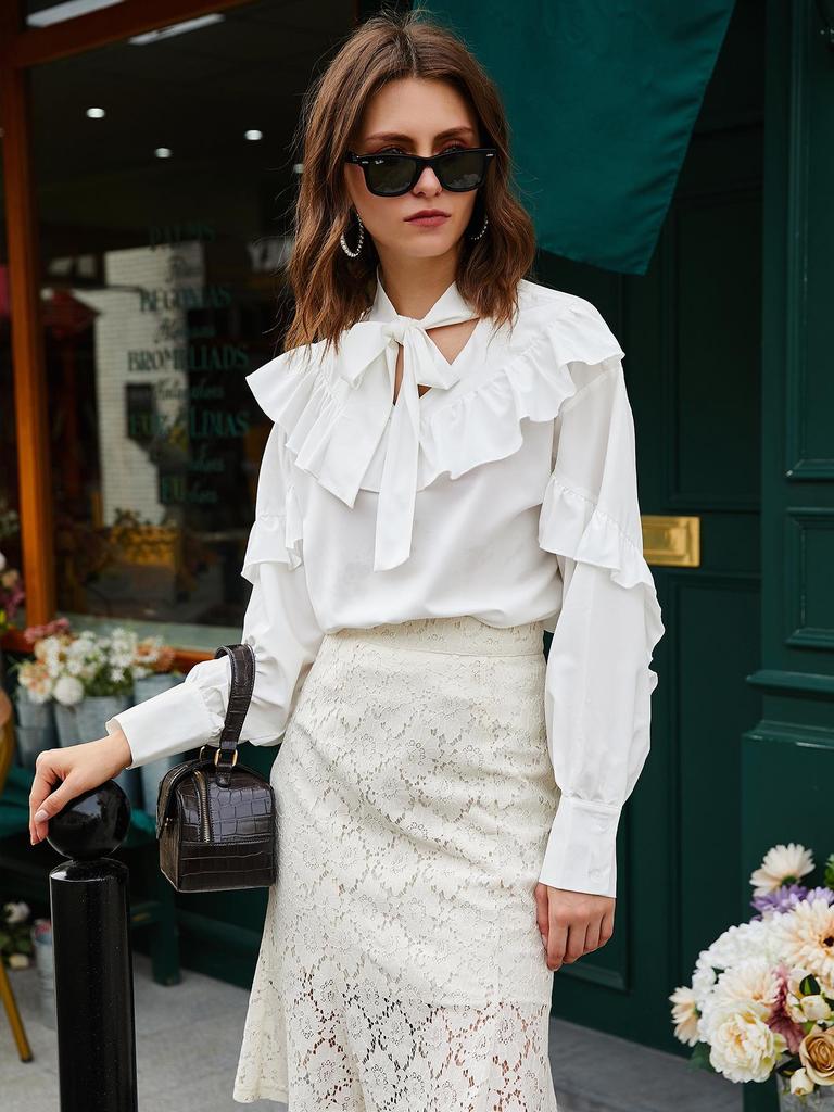 Trendy European & American Spring/Fall Women's Ruffle Collar Shirt