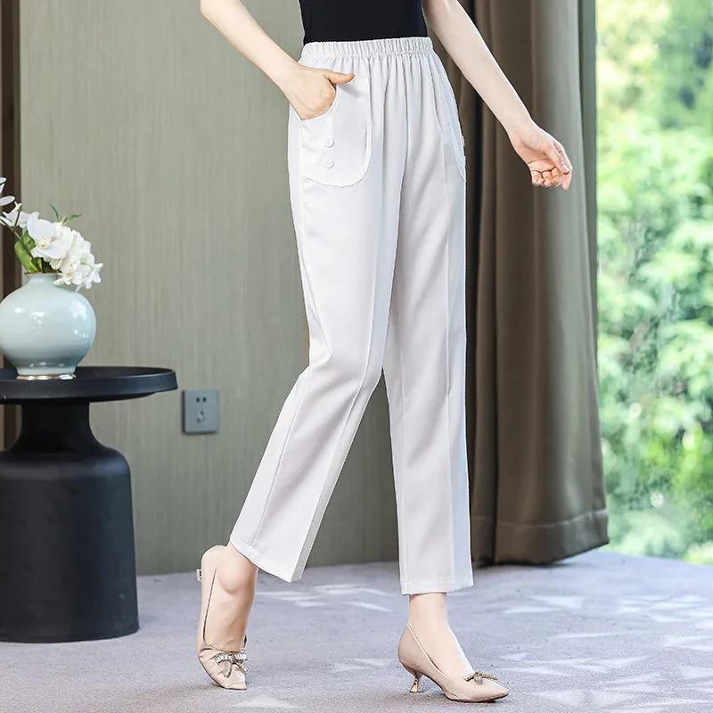 

Women s Summer Thin Section Plus Size Loose Casual Pants Solid Color High-waisted Commuter Nine-minute Pants 6XL білий