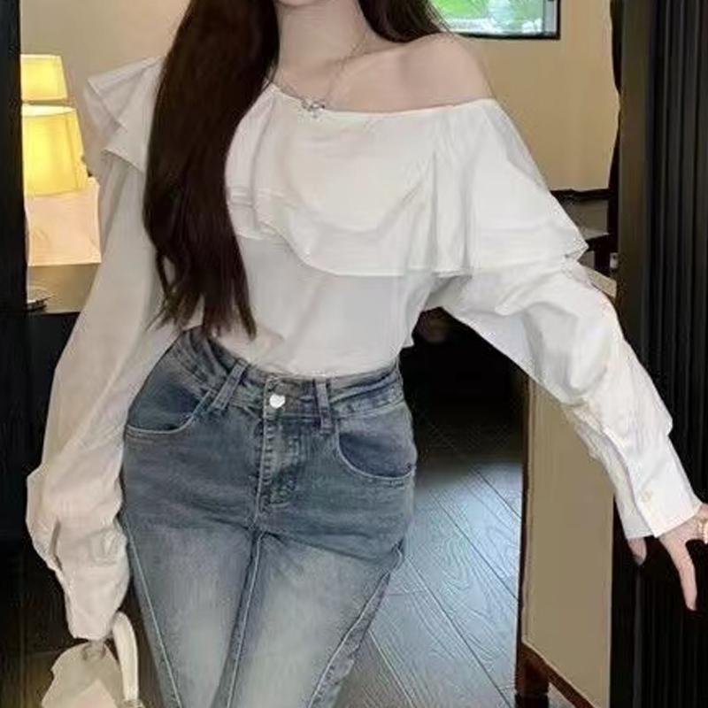 

Элегантная белая женская блузка с открытыми плечами с рюшами и длинными рукавами, свободная женская рубашка, винтажная приталенная мода, сексуальные повседневные топы с разрезом на шее, 24304 XXL белый