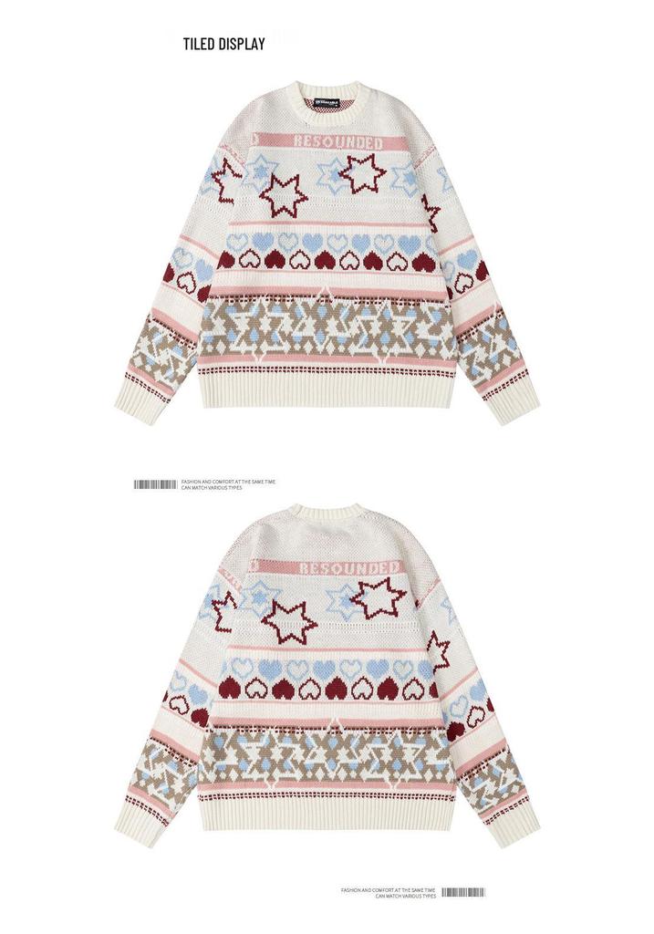 Unisex Autumn Jacquard Knit Sweater - Cozy Round Neck, Loose Fit