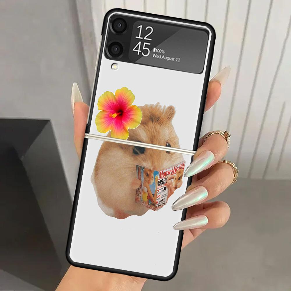 Funny Sad Hamster Meme Hard PC Phone Case For Samsung Galaxy Z Flip 7 6 5 4 3 Black ZFlip7 ZFlip6 Flip5 Flip4 Flip3 5G Print Cov