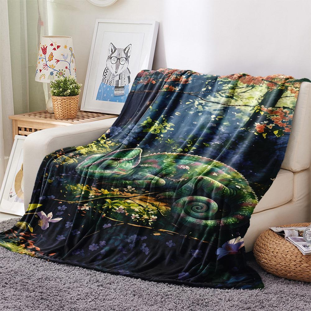 1PC Chameleons and Plants Print FlAannel Blanket, High quality Comfortable for All Seasons, Home Decor, Warmth and Comfort