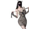 Sexy female wild leopard print suspender nightgown nightclub cosplay secretary bag arm skirt hot sex suit