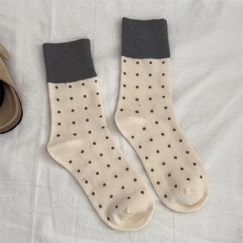 

Autumn Winter Japanese Retro Color Block Ribbed Polka Dot Mid Calf Socks High Grade Pure Cotton Slouch Socks Soft Casual Socks One Size белый