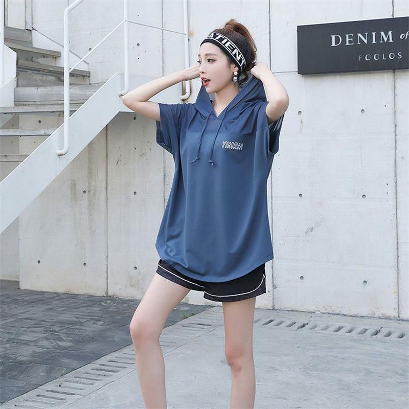 Dámská volná sada s kapucí a krátkým rukávem ve velkých velikostech, rychleschnoucí, na běh a jógu