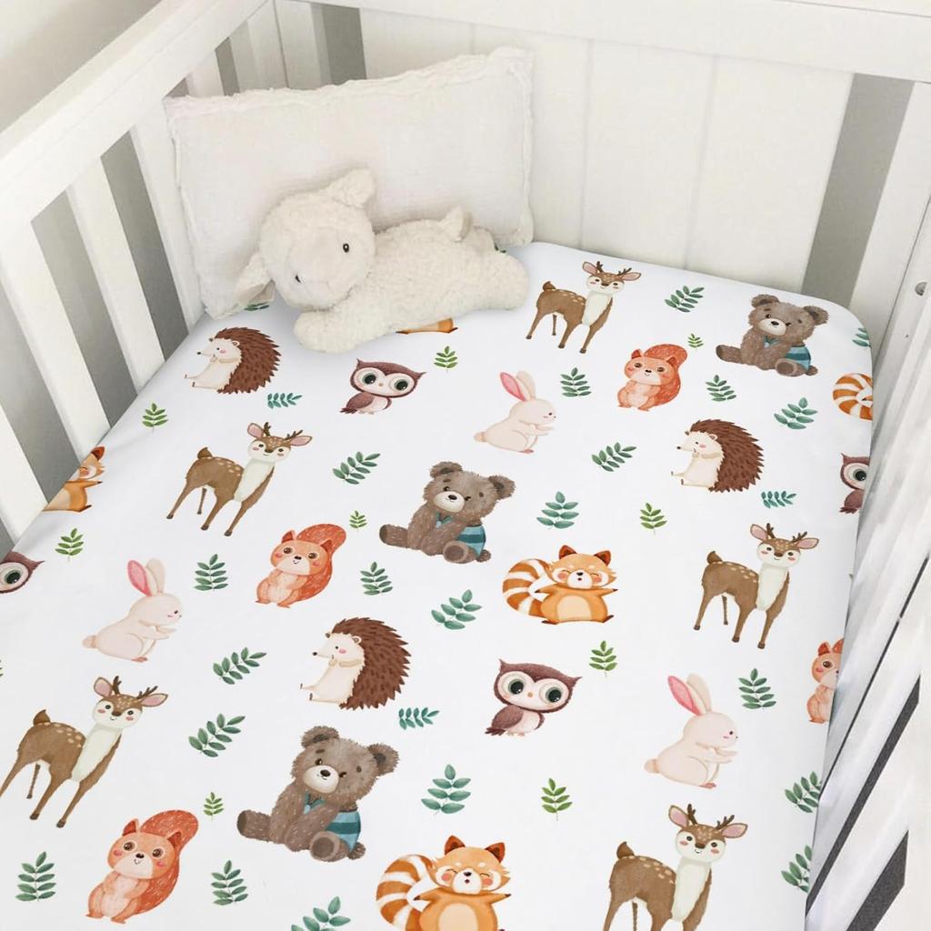 Cute Woodland Animals Leaves Baby Crib Sheet 52''x28'' Bear Raccoon Squirrel Deer Rabbit Hedgehog Owl Fitted Crib Cover for Boy Girl Nursery Crib