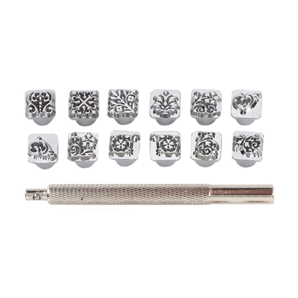 12Pcs Stamping Punch Tool Tang Dynasty Flower Design DIY Vegetable Leather Stamper 1Pc Handle