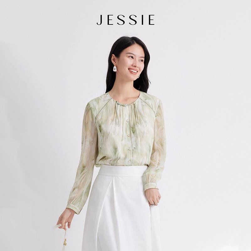 JESSIE New Chinese Style Round Neck Printed Shirt M