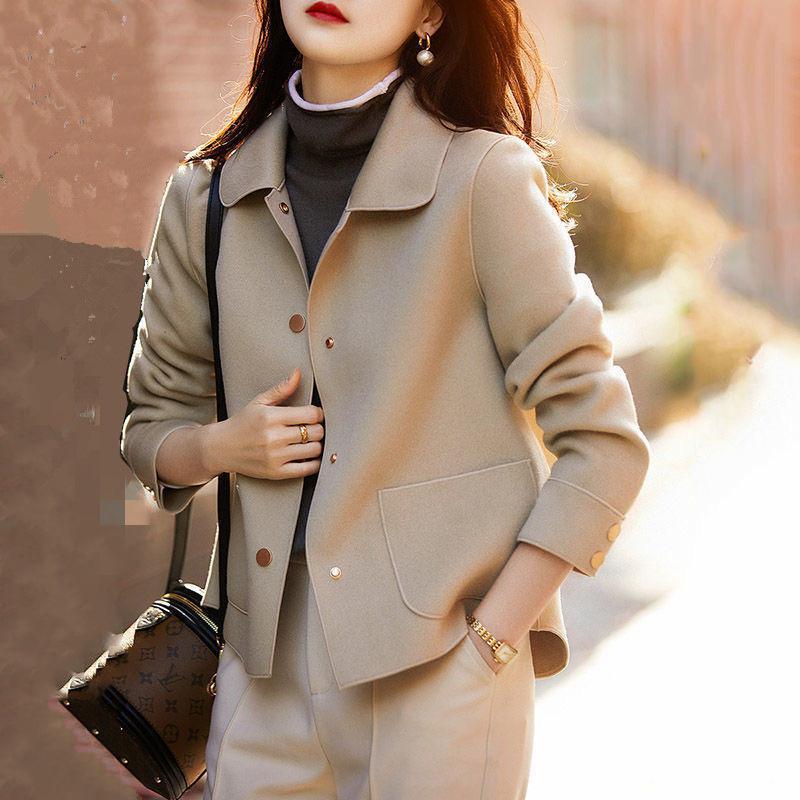 Manteau Court Double Face en Tweed à Revers Simple et Luxueux pour Femme, Un Haut Mode, Ample et Polyvalent pour le Printemps et l'Automne