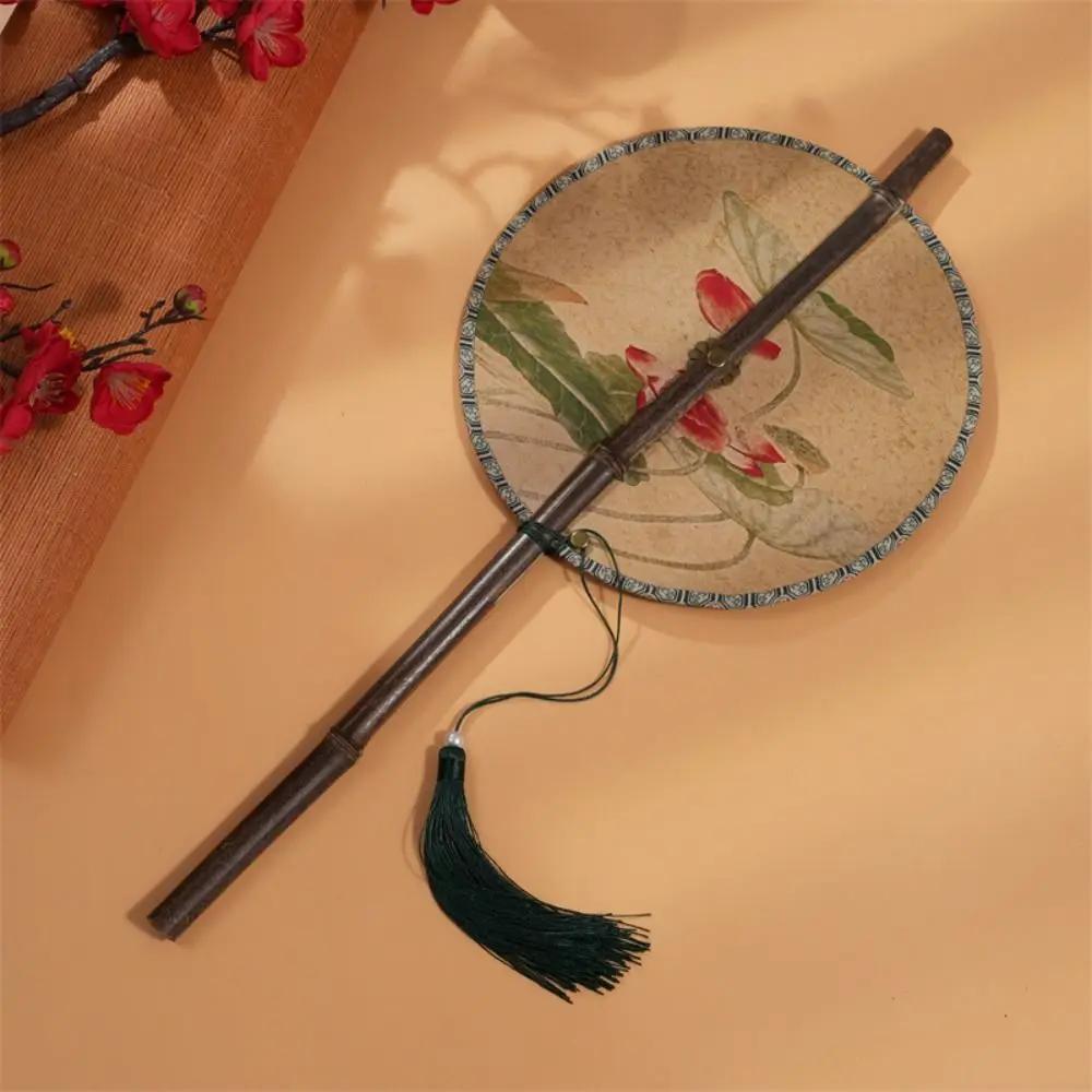 Retro Ancient Style Chinese Bamboo Waist Fan Rollable Foldable Long Handle Fan Decorative Cooling Group Fan Hanfu