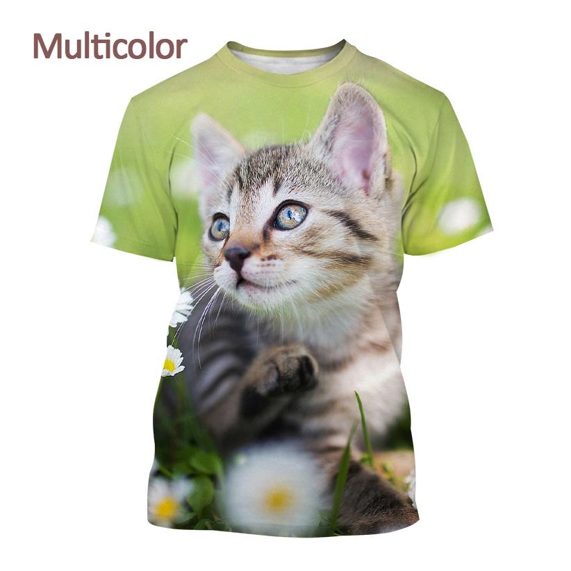 Summer Round Neck 3D Cat Pattern Printed Top Fashionable Casual Short Sleeved Children's Boy and Children's Girl Kids Unisex T-shirts