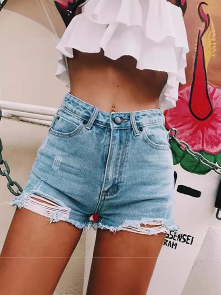 High-Waisted Ripped Fringed Denim Shorts for Women