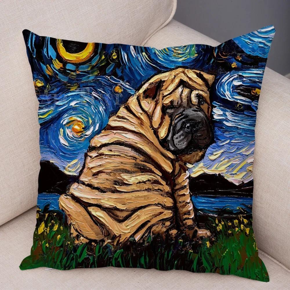 Colorful Oil Painting Pet Animal Pillowcase Starry Sky Art Cartoon Dog Cushion Cover Decorative Sofa