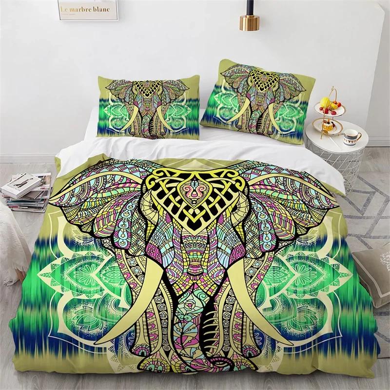 Elephant Duvet Cover King Queen Size Wild Animal Comforter Cover Polyester Bohemian Mandala African Safari Animals Bedding Set
