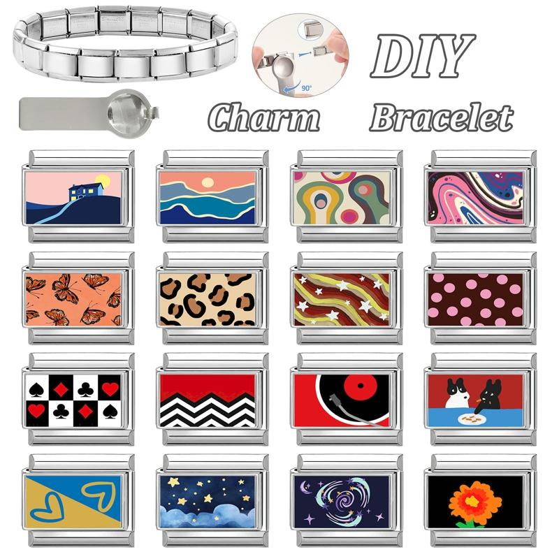 Wholesale Star Heart Sunrise Butterfly Cat Dog Rose Waves Italian Charm Link Fit 9mm Stainless Steel Jewelry DIY Making Bracelet