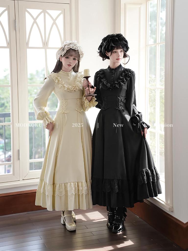 MODKOKU Gothic Lolita Neat and Ribbon Waist Ruffled Long Girly Halloween Long Size XL Cape-Style Dress, Women's, Style, Clean, Lace, Lace-Up Dress,