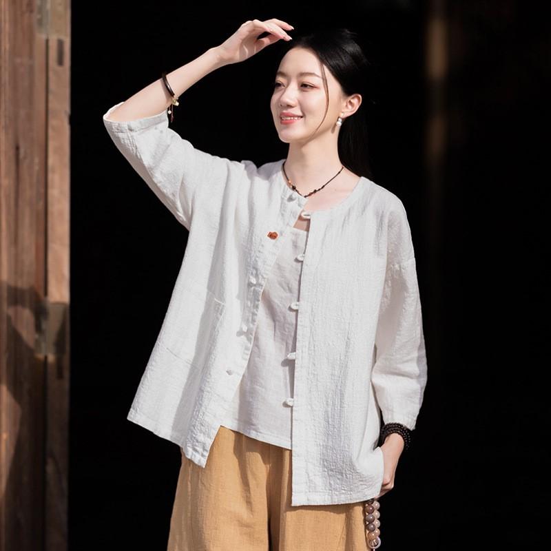 Johnature Women Vintage Shirts Tops Solid Color O-Neck Seven Sleeve Spring Button Women Chinese Style Blouses