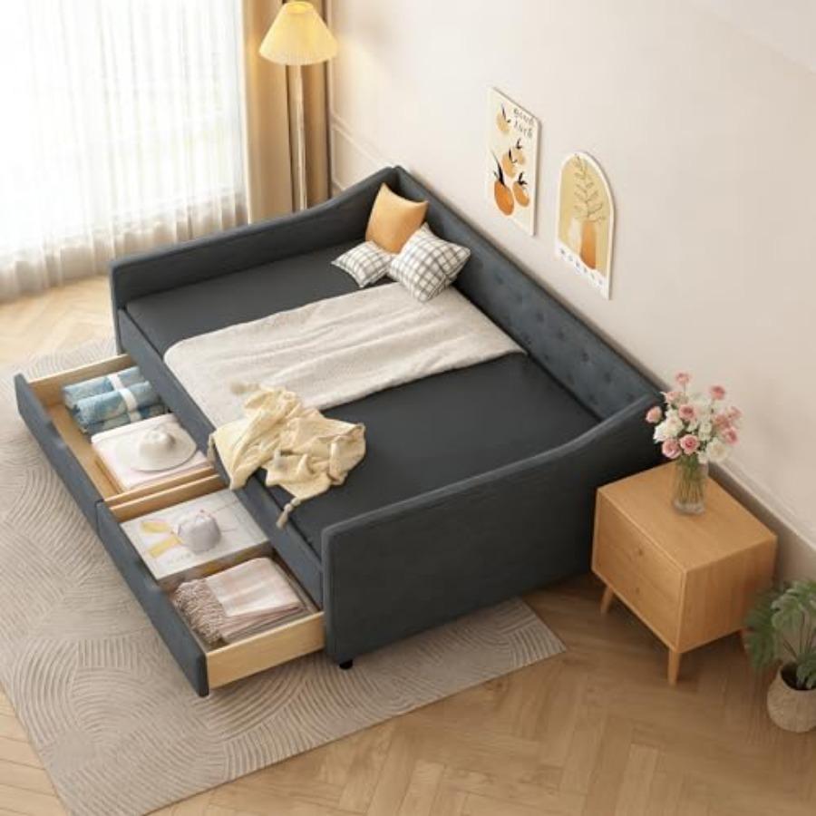 Full Size Daybed with Drawers, Linen Fabric Day beds w/Storage and Button on Back and Piping on Waved Shape Arms, Upholstered T