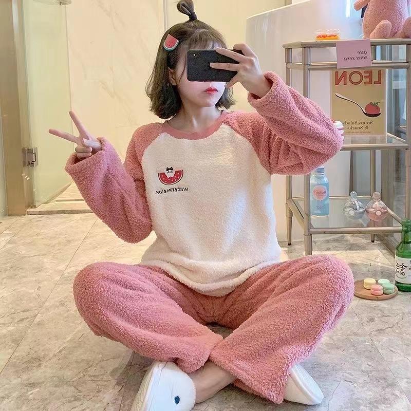Podzim Zima Teplý Flanel Dámské Pyžamové Sady Zesílený Korálový Samet Dlouhý Rukáv Kreslené Noční Prádlo Flanelové Pyžamo Set Dívka pro mládež