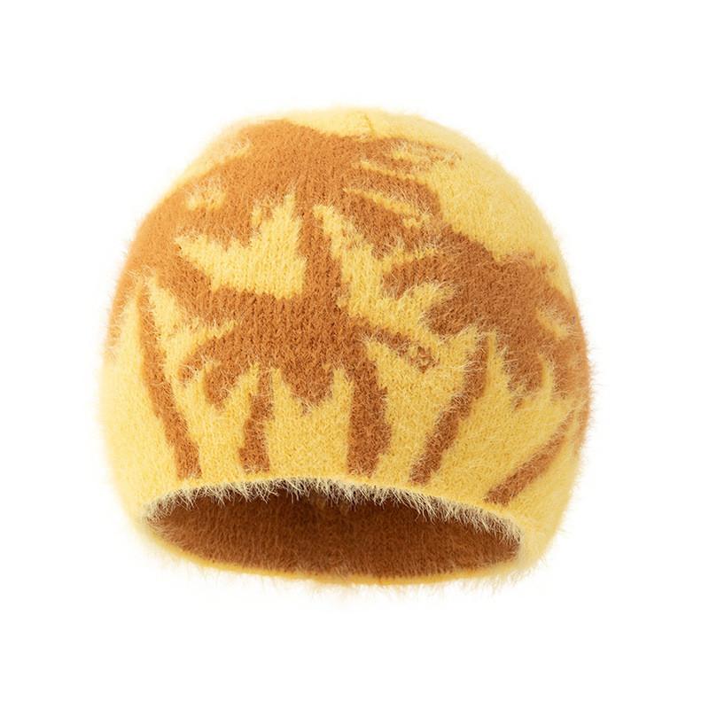 Trendy High Top Knit Cap With Faux Mink Fabric Perfect For Cold Season Street Style Yellow