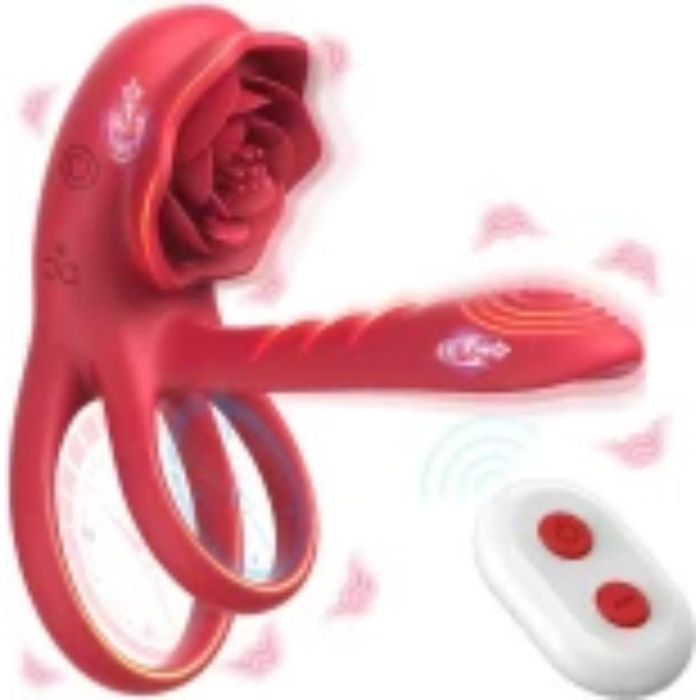 Penis Ring Vibrator with Vibrating Rose Clitoral Stimulator, 7 Vibration Modes, Adult Sex Toys for Men and Women