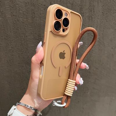 Przezroczyste Matowe Etui z Paskiem na Nadgarstek Magsafe dla iPhone 17 16 15 14 Plus 13 12 11 Pro Max Kontrastowy Sznurek Magnetyczna Osłona