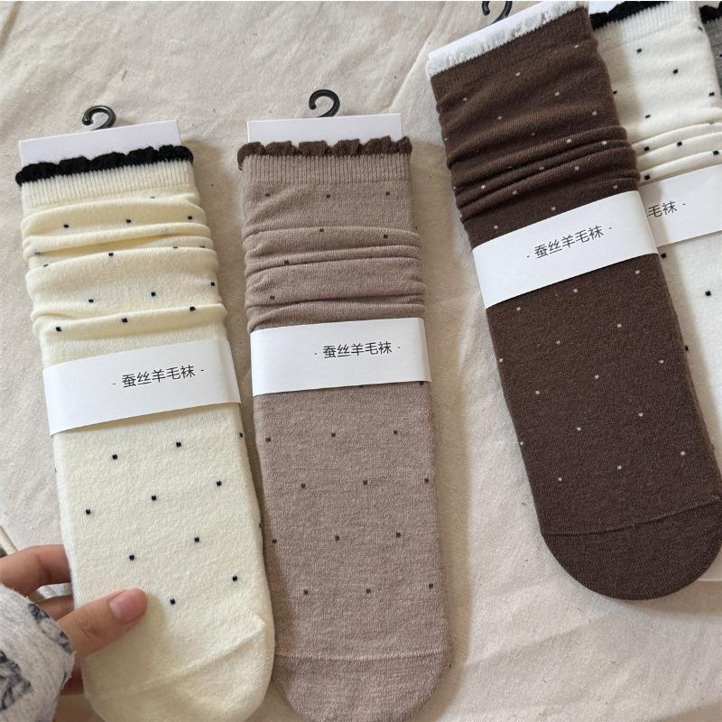 Polka Dot Silk and Wool Socks, Thick and Sweet for Autumn and Winter, Boneless Pile Socks for Girls, Mid-calf Socks