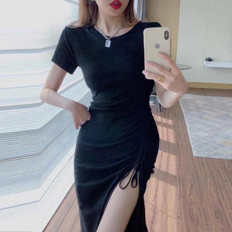 Women's Bodycon Midi Dress Short Sleeve Crew Neck Ruched Side Slit Dress Slim Fit Drawstring Casual T-Shirt Dress for Summer Streetwear Daily Wear