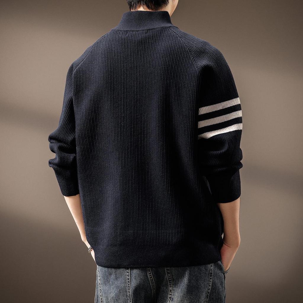 High-End American Trendy Men's 2025 Autumn/Winter Three-Stripe Knit Stand Collar Cardigan Sweater