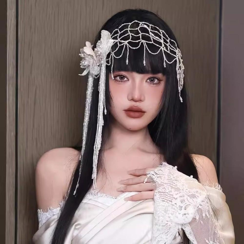 French Style Bridal Headband Lace Wedding Headgear Fringed Hairpin Lace Floral Net  Wedding