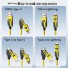65W Spring Retractable Fast Charging Cable for Apple, Huawei - 4-in-1 Car Data Charger