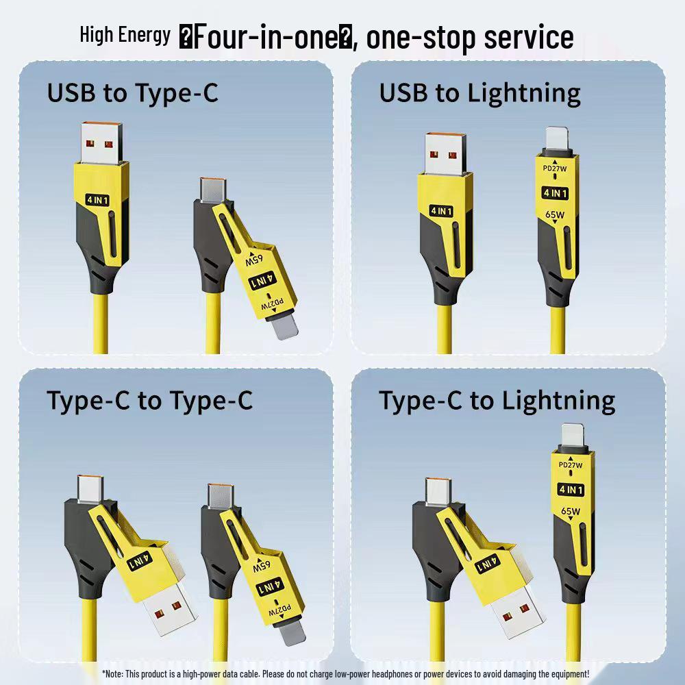65W Spring Retractable Fast Charging Cable for Apple, Huawei - 4-in-1 Car Data Charger