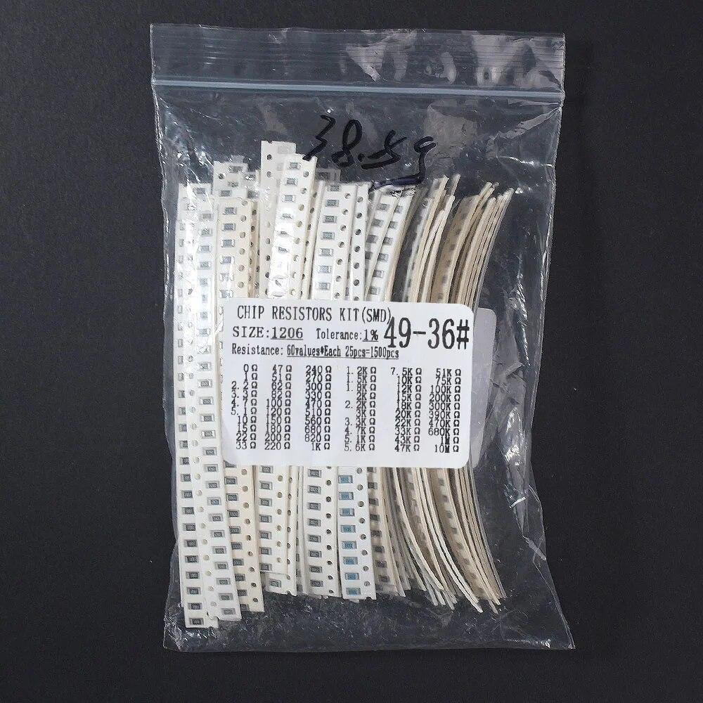 1500 stk/sett høy kvalitet 0R~10M 1206 SMD filmmotstandssett, nøyaktighet 1%, 60 typer*25 stk SMD Chip Resistor Pack DIY Assorted Set