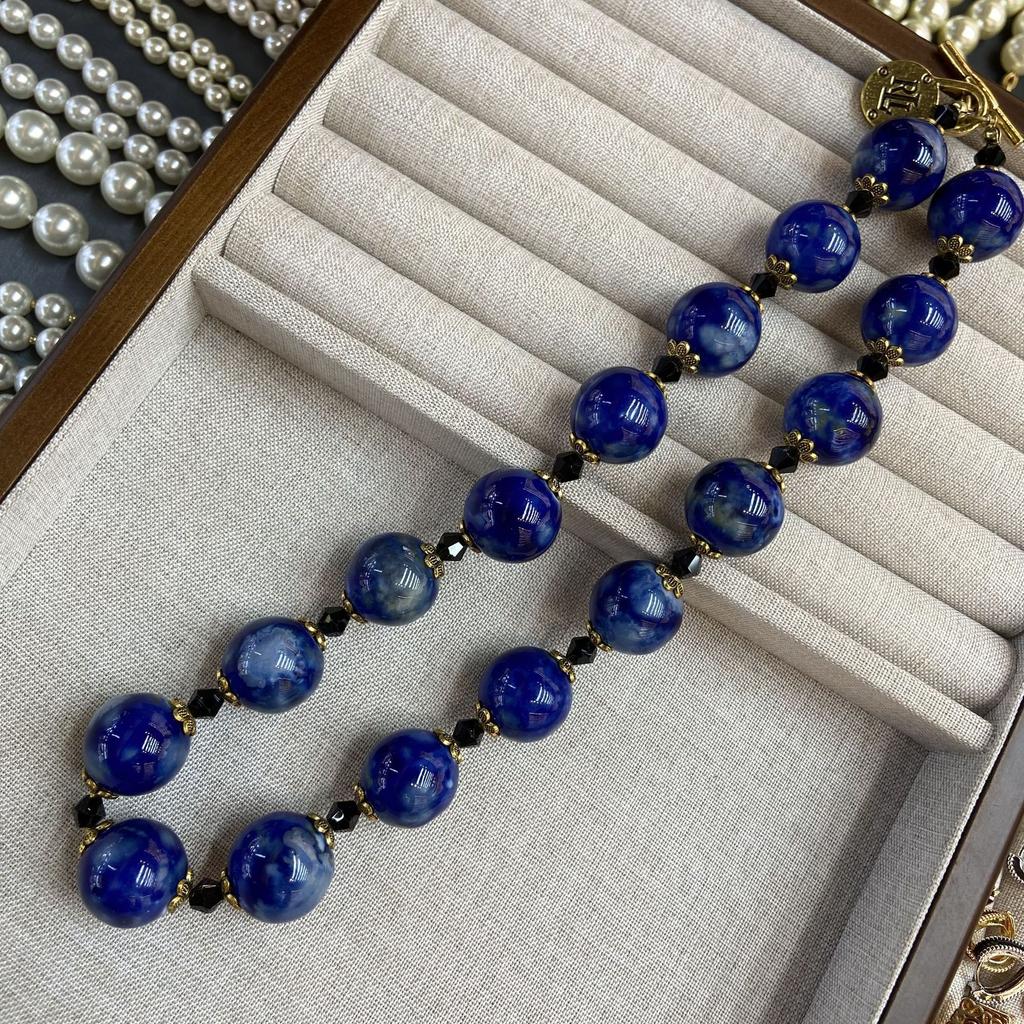 New Chinese Style 18M Blue And White Ceramic Bead Necklace, National Style, Natural Blue And Gold Glazed Beaded Gypsy Collarbone Chain