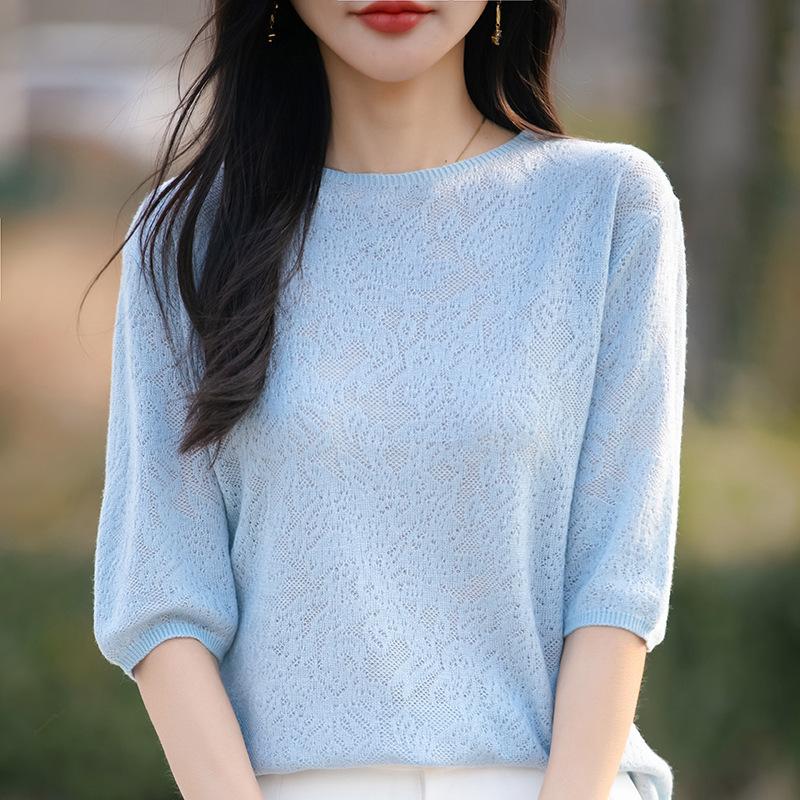 Spring New Thin Fine-spun Fine Wool Openwork Knitted Short-sleeved Top