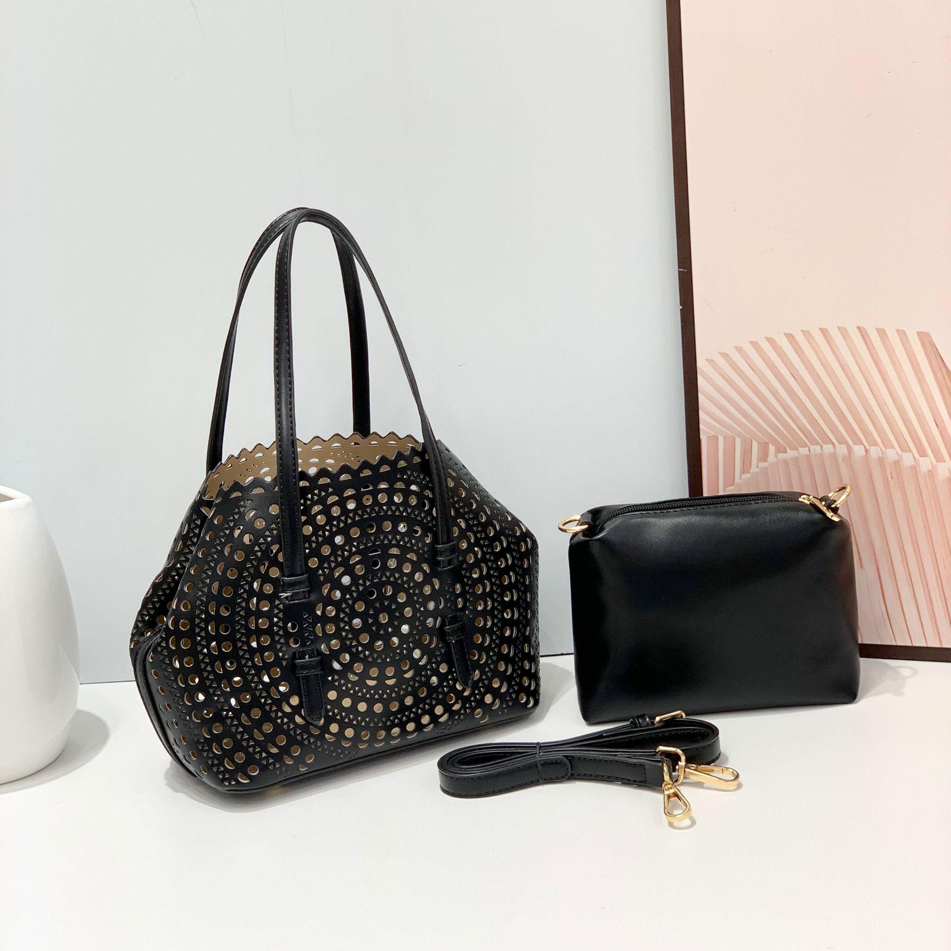 Набор сумок из кожи с резным узором Cross-Border: Сумка-тоут, косметичка и кошелек для монет чёрный